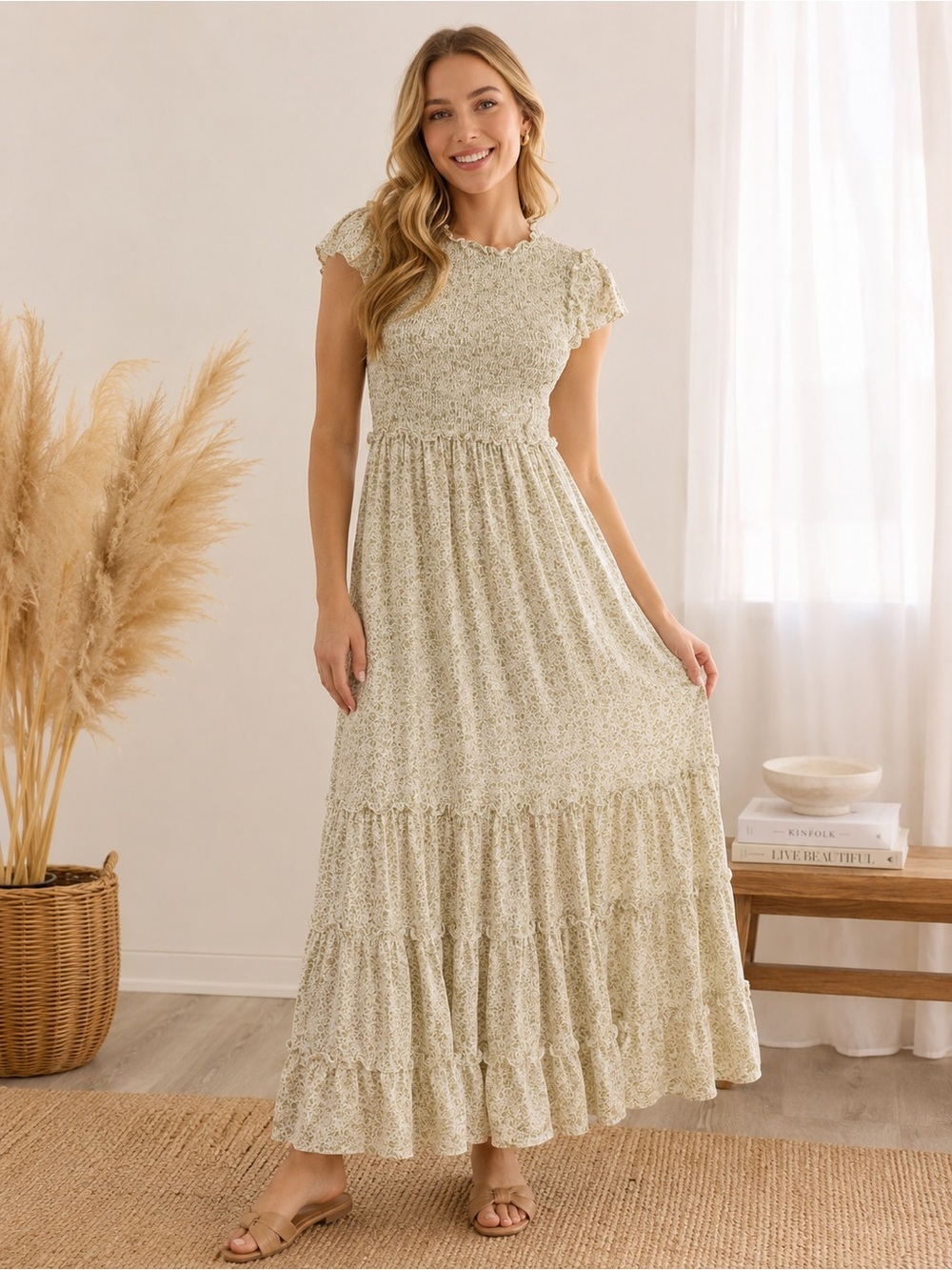 In Bloom Light Sage Floral Smocked Lined Maxi Dress Cottagecore Prairie Ditsy